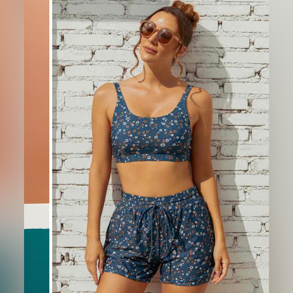 Floral Square Neck Adjustable Straps Sporty Bikini Top And High-Waist Boy Shorts